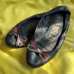 Sam and Libby black leather embroidered flats